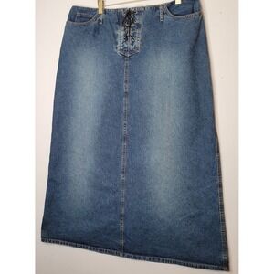 Classic Blue Denim Midi Skirt with Lace-Up Front